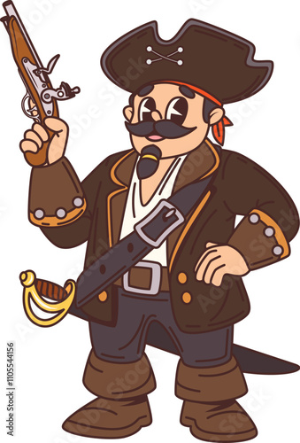 Cartoon pirate, filibuster sailor funny character. Corsair boatswain isolated vector personage, filibuster sailor captain cheerful mascot or Caribbean pirate bandit in tricorn hat, holding pistol