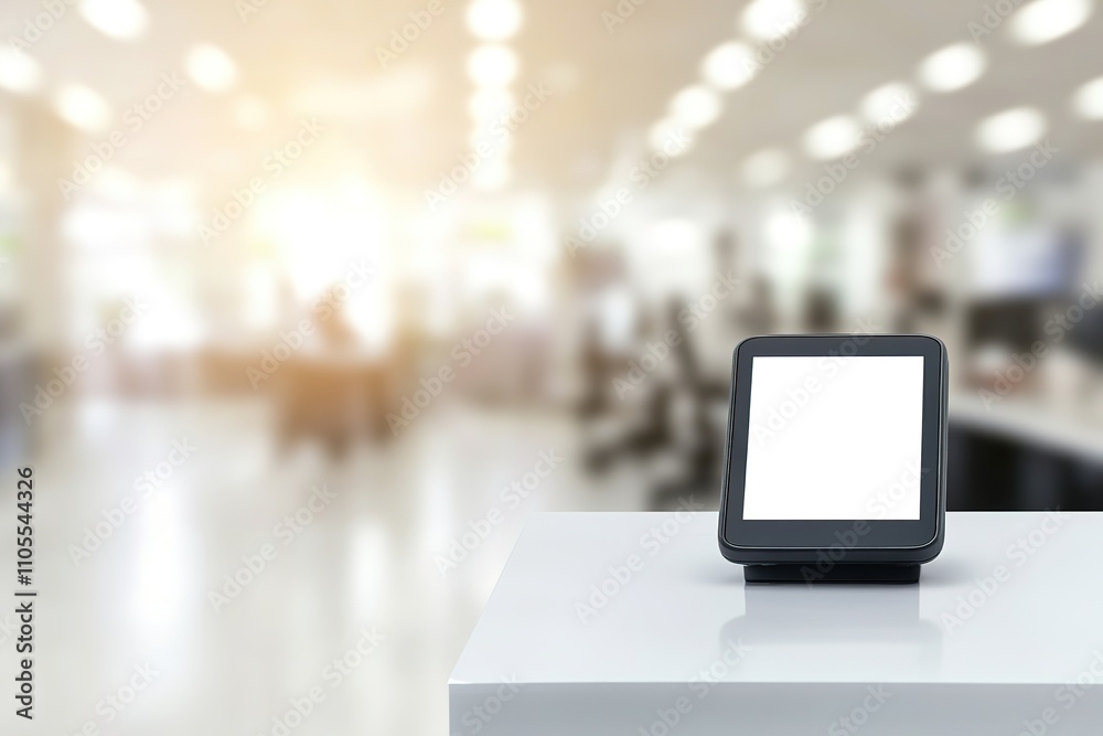 Blank digital frame on counter with blurry office background