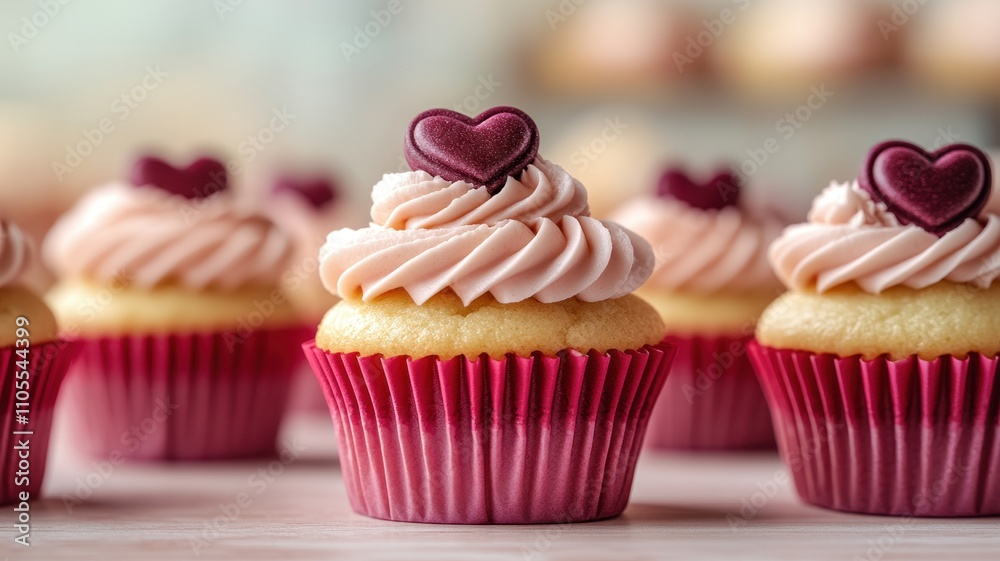 Cupcake display with heart decorations bakery food photography sweet environment close-up view delightful treats Cupcake display with heart decorations bakery food photography sweet environment close-up view delightful treats