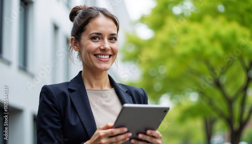 A confident businesswoman stands outdoors, smiling and holding a tablet. She is dressed in professional attire, exuding positivity and approachability, with a blurred urban background and greenery.