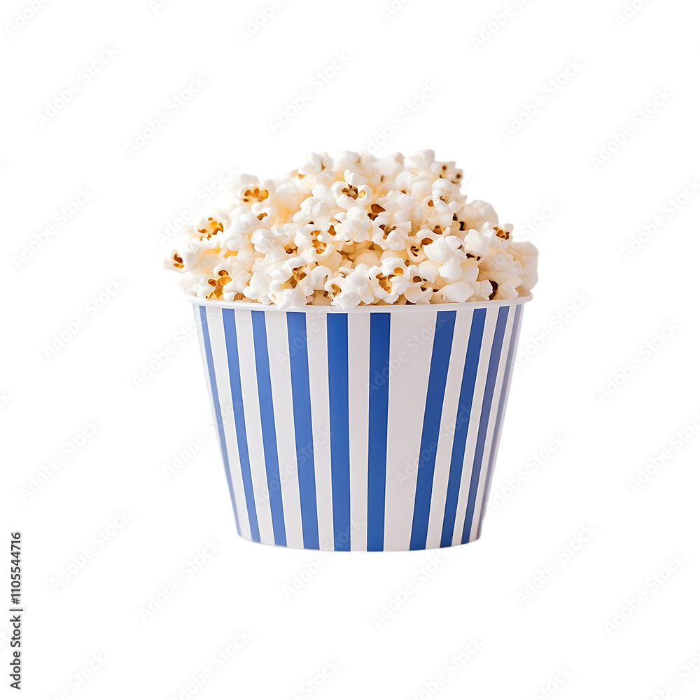Tasty popcorn in a blue-white striped box isolated on a transparent background Tasty popcorn in a blue-white striped box isolated on a transparent background