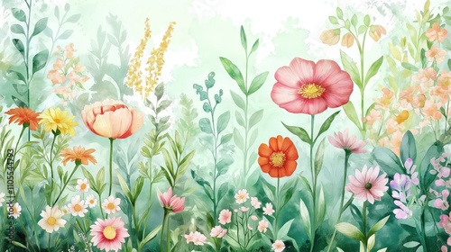 Colorful botanical garden illustration shows various flowers, plants in spring summer scene. Vivid flower colors, rich foliage create vibrant atmosphere. Wallpaper mural design. Floral patterns. High