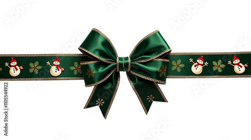 Green ribbon bow with gold border, snowmen and christmas patterns on transparent background, festive bow mockup for decoration