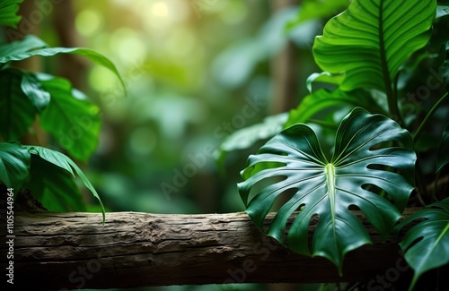 Tropical jungle foliage outdoors. Rich green leaves, log. Vivid green plants. Peaceful, vibrant tropical leaves. Nature scene. Natural background. Fresh foliage. Exotic plants. Jungle leaf. Dark