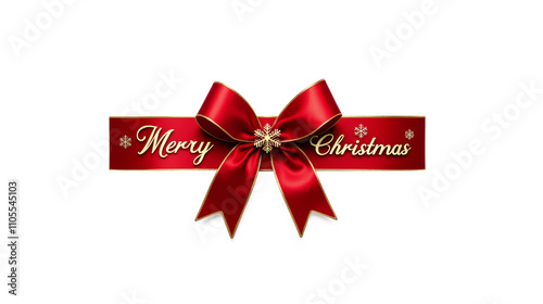 red ribbon bow with merry christmas lettering on transparent background, mockup holiday bow for decoration