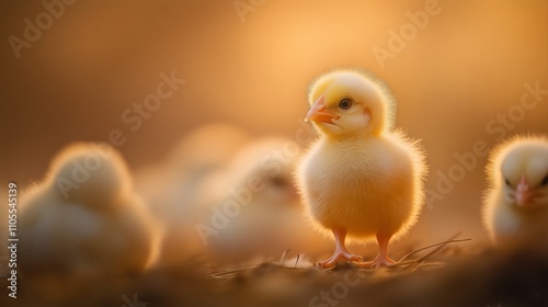 Baby chickens huddling together for warmth at sunset