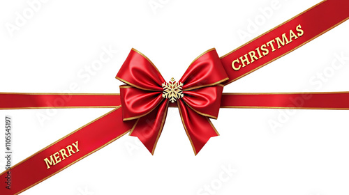 red ribbon bow with merry christmas lettering on transparent background, mockup holiday bow for decoration