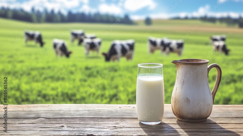 Fresh milk and pitcher on wooden table with cows grazing in green pasture Fresh milk and pitcher on wooden table with cows grazing in green pasture