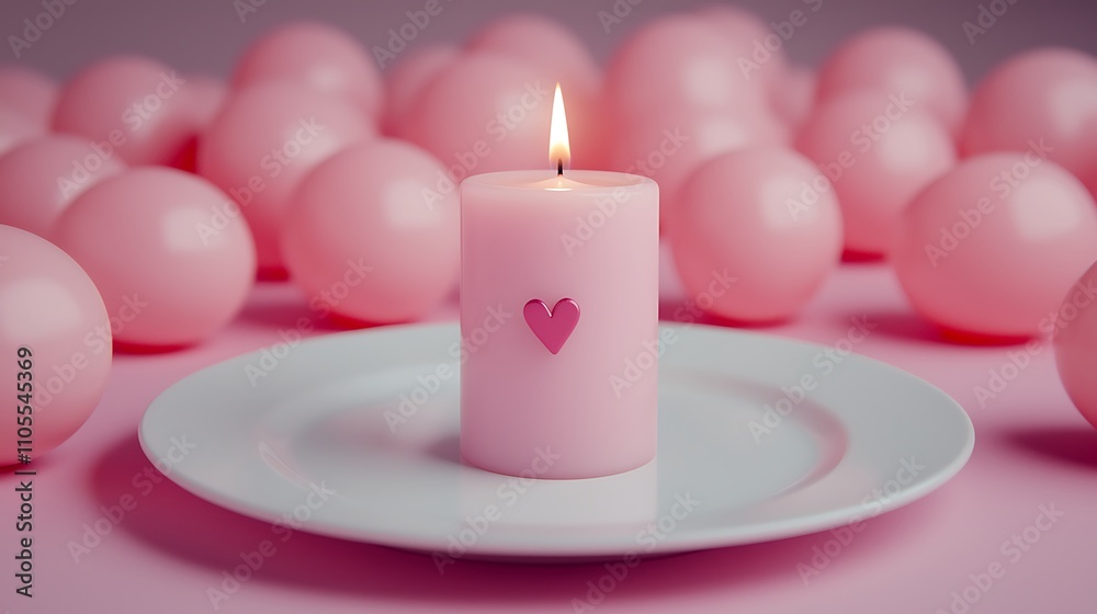 A pink candle with a heart sits on a plate, surrounded by pastel pink eggs, creating a cozy and romantic atmosphere. A pink candle with a heart sits on a plate, surrounded by pastel pink eggs, creating a cozy and romantic atmosphere.