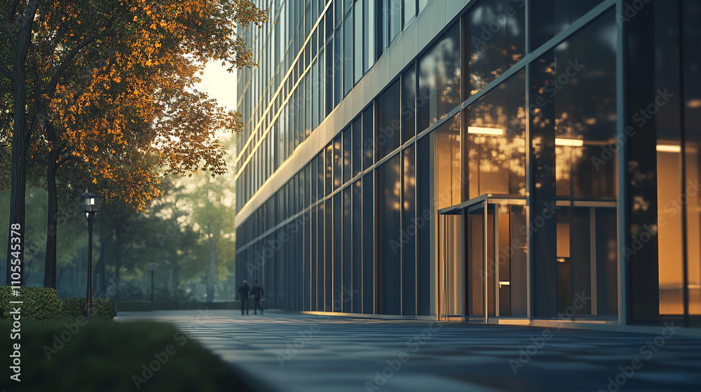 Fototapeta premium Evening stroll along modern building with warm lights in tranquil city park