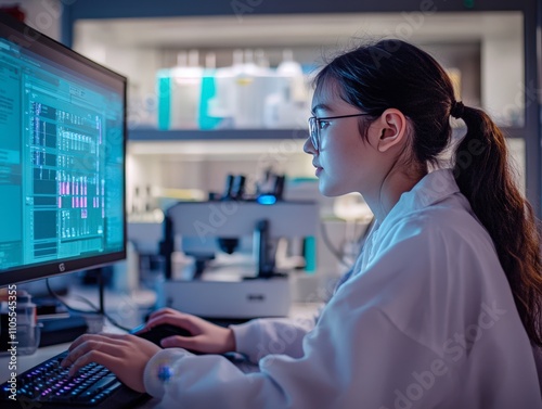 Focused Asian Woman Coding in Modern Lab