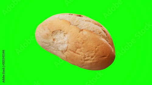White bread bun roll is spinning on green screen chroma key closeup