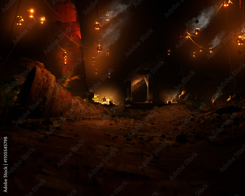 Ancient ruin of roman cave with vegetation and illuminated lanterns with smoke. 3D render.