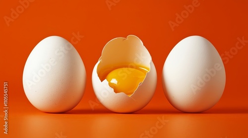 Two whole eggs and one broken egg revealing yolk on orange background photo