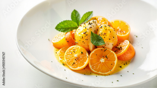 Sliced fresh oranges garnished with mint on a white plate photo