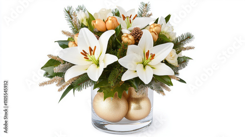 Elegant winter floral arrangement featuring white lilies, gold ornaments, and greenery, perfect for festive occasions and celebrations