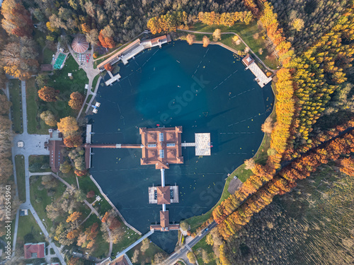 Heviz, Hungary - Aerial view of Lake Heviz, the world’s second-largest thermal lake and holiday spa destination at Zala county on autumn
