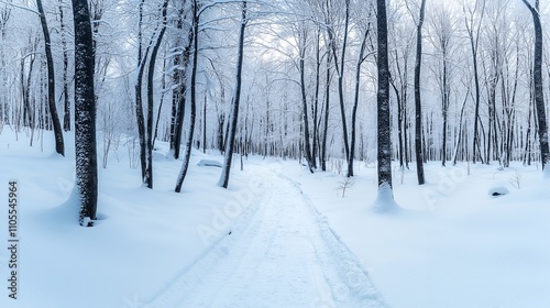 A serene winter landscape with a snow-covered path winding through a tranquil forest.