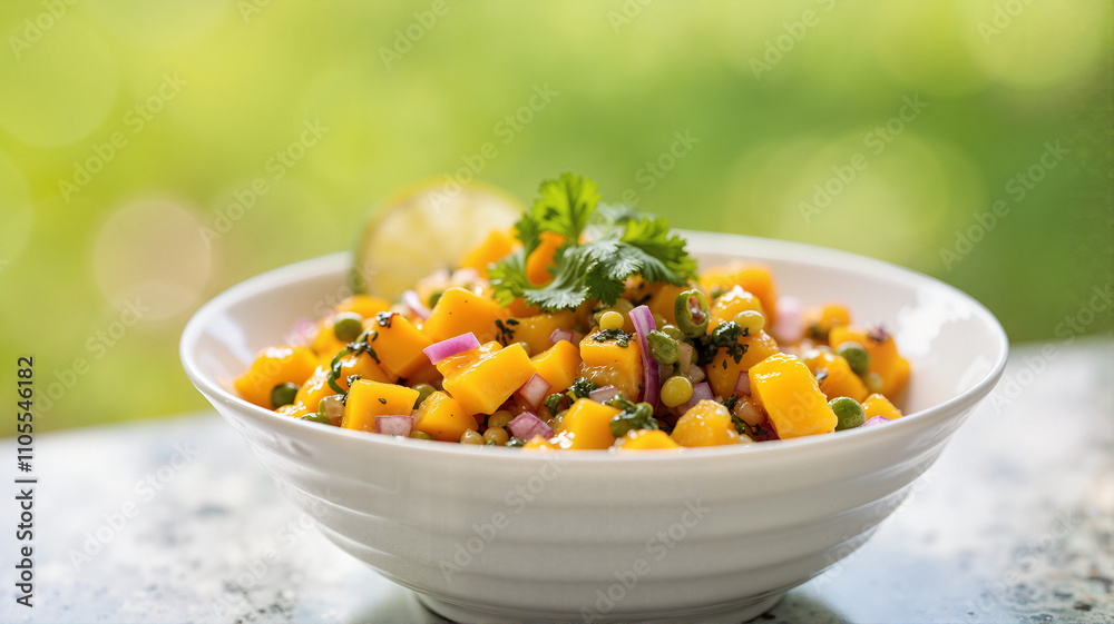 Mango and avocado salsa served in a white bowl with fresh cilantro Mango and avocado salsa served in a white bowl with fresh cilantro