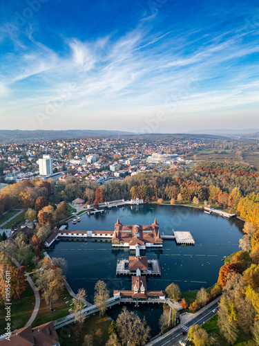 Heviz, Hungary - Aerial view of Lake Heviz, the world’s second-largest thermal lake and holiday spa destination at Zala county on autumn
