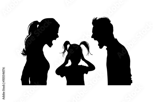 A family arguing depicted in silhouettes, illustrating tension and conflict on a white background. Concept of stress, emotional distance. Concept of divorce, misunderstanding in family