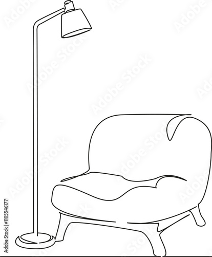 One continuous single drawing line art flat doodle chair with floor lamp, reading chair, illuminated chair, furniture. Isolated image hand draw contour on a white background, hand drawn, not AI