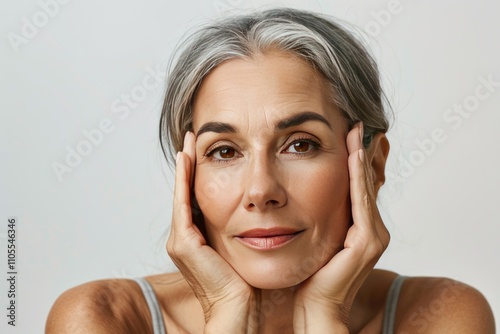 A woman with grey hair smiles gently, her hands resting on her face.