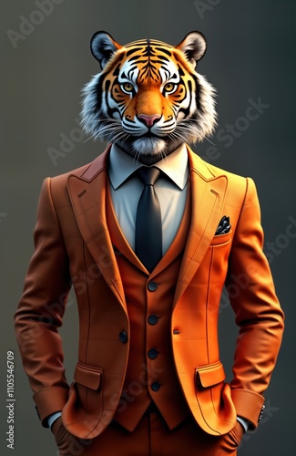 Tiger in elegant modern suit. Animal dressed in orange suit with tie. Stylish illustration. Creative 3D render. Powerful predator. Business tiger. Wild animal in classy outfit. Fashionable tiger. photo