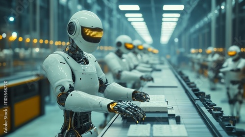 Wallpaper Mural Robots working on assembly line in futuristic factory. Torontodigital.ca