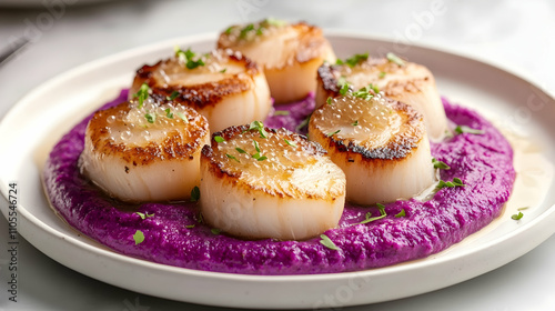 Hand-Dived Scottish King Scallops with Champagne Beurre Blanc, Fresh Caviar and Purple Cauliflower Puree, Luxury Seafood Restaurant Photography