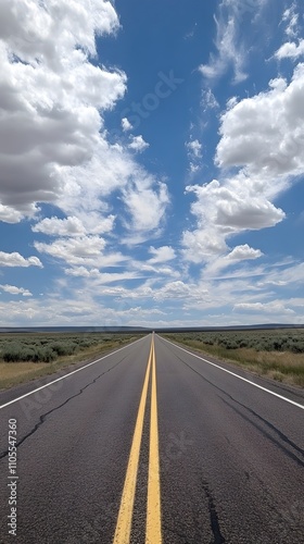 7. A spacious open road with an endless horizon and a large empty sky area in the center for text