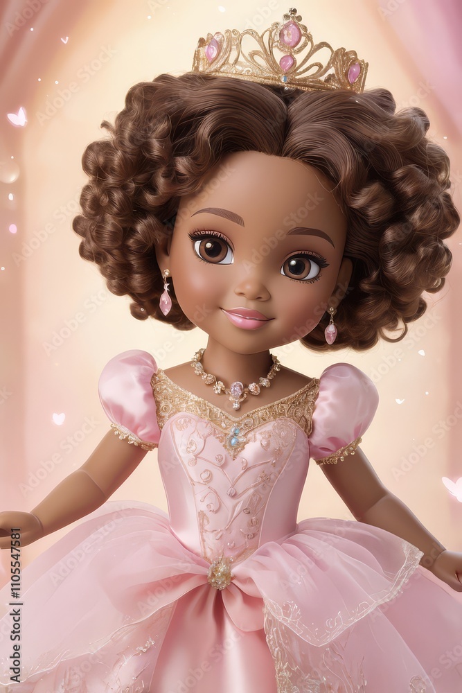 A beautiful dark-skinned doll in a pink princess dress and crown. A beautiful dark-skinned doll in a pink princess dress and crown.