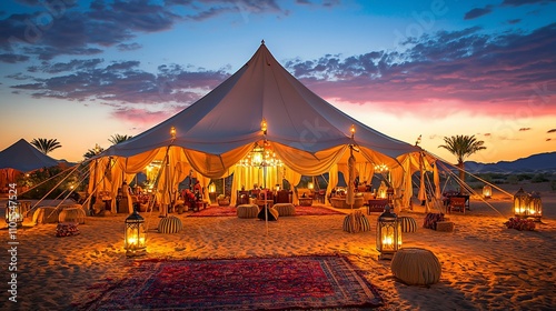 Luxury desert tent at sunset with warm lighting and guests.