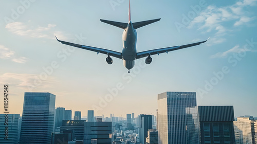 Commercial airplane flying over modern building