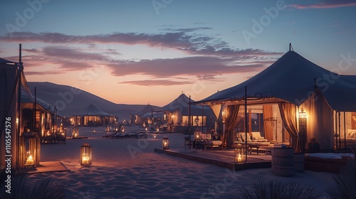 Desert luxury camp at sunset. Illuminated tents and lounge areas on a sandy beach. photo