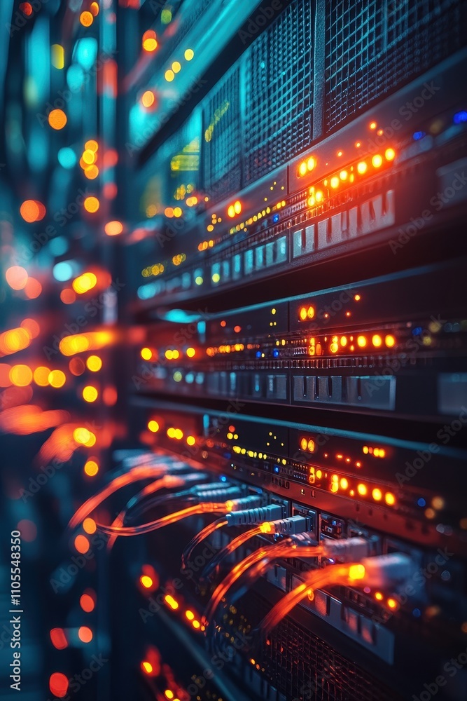 Fototapeta premium Vibrant Data Center with Glowing Server Racks and Fiber Optic Cables in a Modern Technology Environment