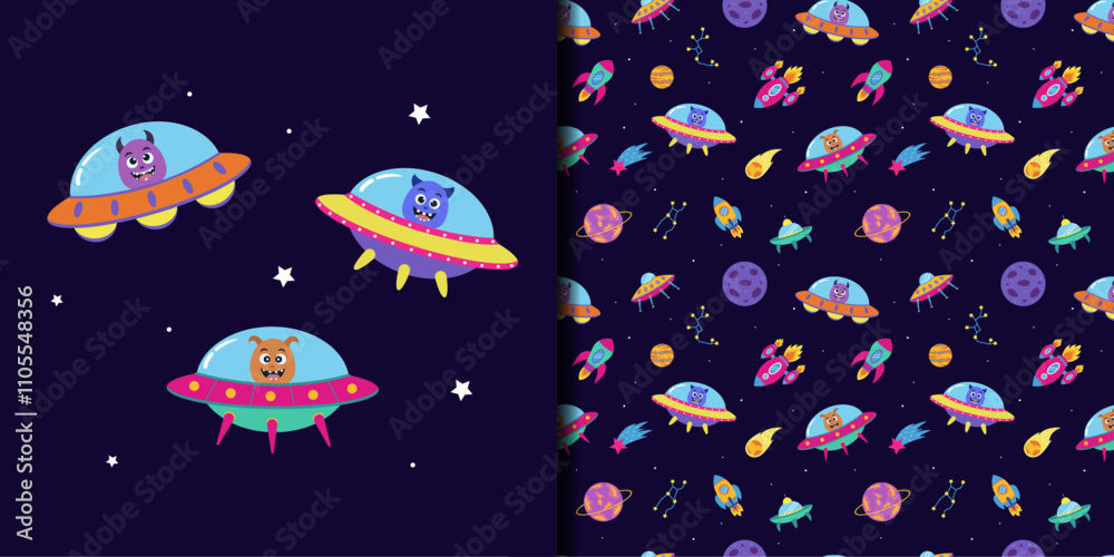 Space seamless pattern with space elements and monsters astronauts. Space seamless pattern with space elements and monsters astronauts.