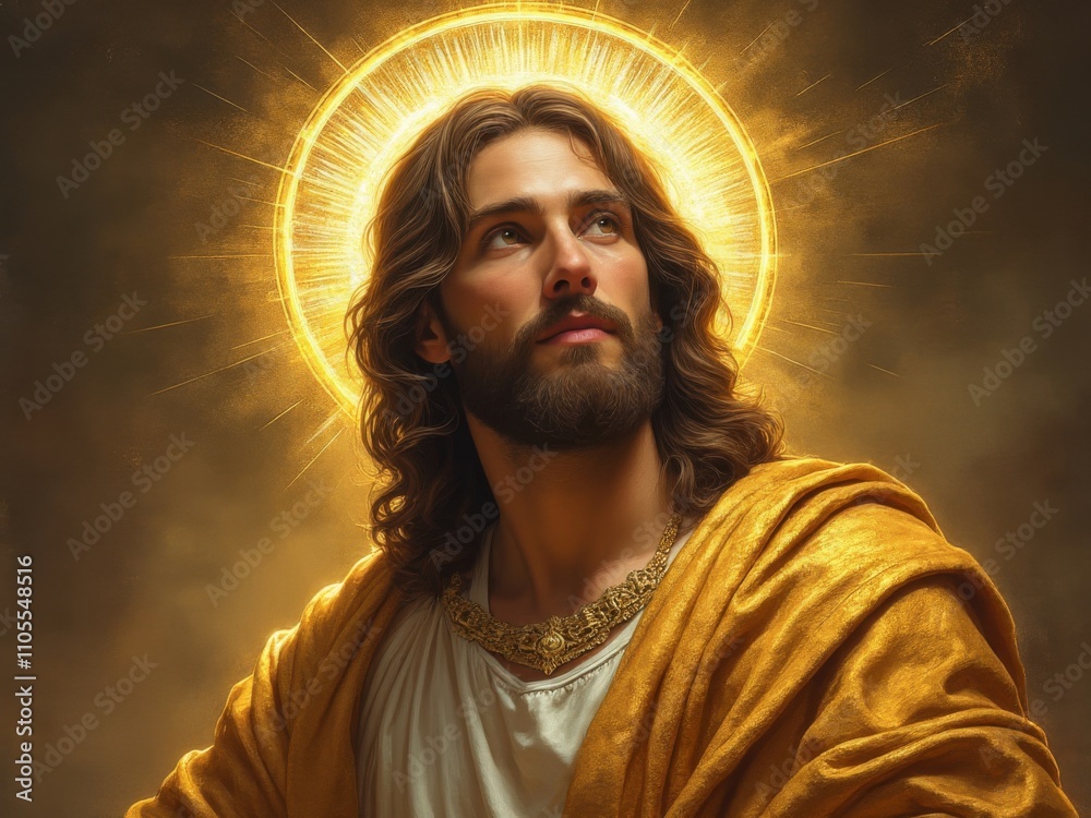 Artistic portrayal of a Jesus, bearded man with long wavy hair, golden halo radiating light behind him, wearing a white tunic and gold robe, concept of divinity and spirituality Artistic portrayal of a Jesus, bearded man with long wavy hair, golden halo radiating light behind him, wearing a white tunic and gold robe, concept of divinity and spirituality