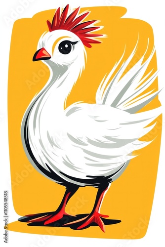 A bright white kagu bird with a red crest and bold details, depicted on a warm yellow background in a playful graphic style, ideal for posters, cards, and creative gifts.. photo