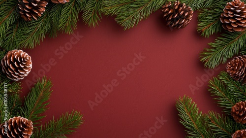 Christmas Pinecone and Evergreen Frame Background Festive Christmas background featuring green pine branches and snow-dusted pinecones arranged on a red textured surface