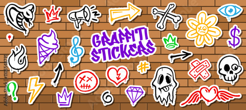 Stickers pack of grunge street art graffiti ink spray paint. Street spray graffiti symbols vector stickers. Hip Hop culture spray paint snake, loudspeaker, ice cream and ghost, skull, crown wall tags