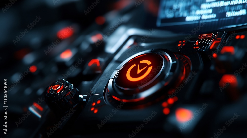 Futuristic Control Panel with Glowing Orange Power Button Futuristic Control Panel with Glowing Orange Power Button