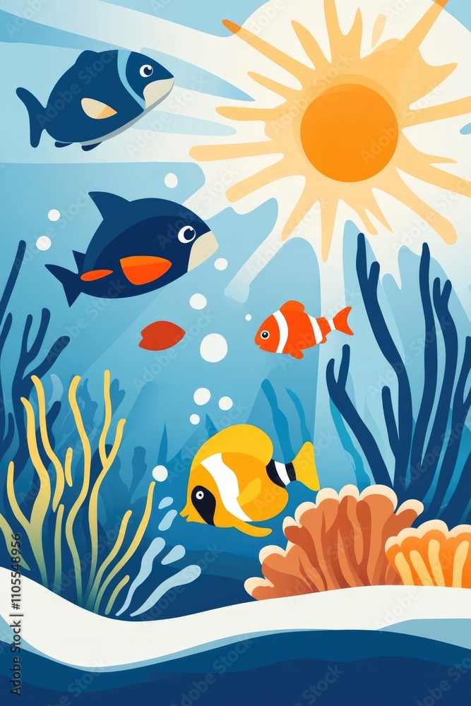 Naklejka premium A cheerful underwater illustration of tropical fish, sea plants, and a bright sun, created in a vibrant flat art style, ideal for childrenÕs decor and educational materials..