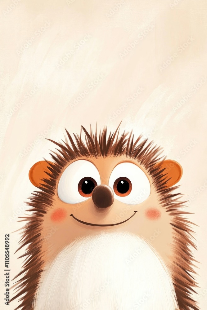 Obraz premium Portrait of a smiling hedgehog with a cheerful expression, drawn in a modern and whimsical style, beige background, perfect for nursery prints or children's decor...