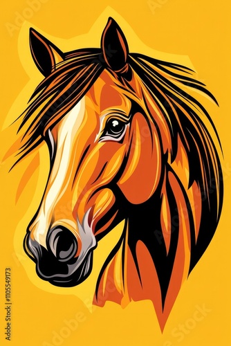 Illustrated horse portrait with bold orange and black tones, stylized and vibrant design, modern artistic style, yellow background, ideal for equestrian-themed decor... photo