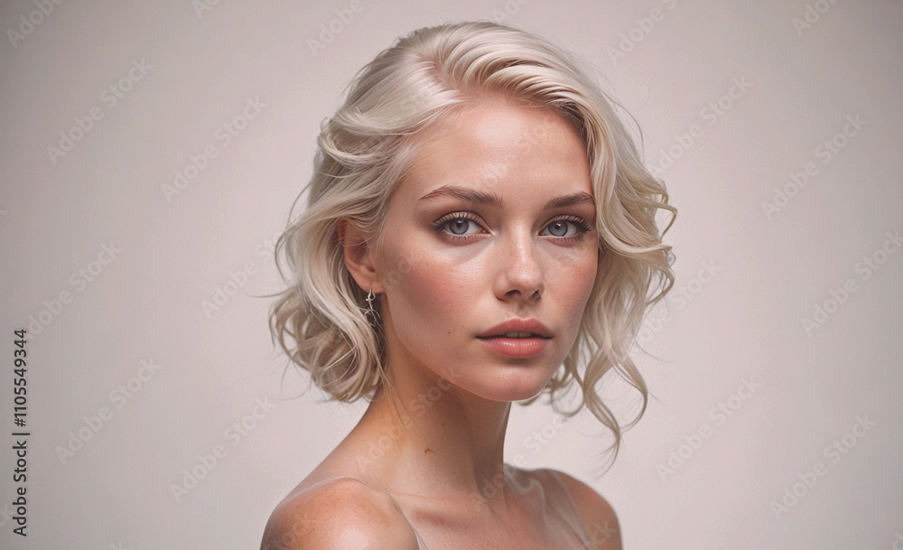 Woman with blonde hair and blue eyes. She is wearing earrings. She is wearing a white shirt