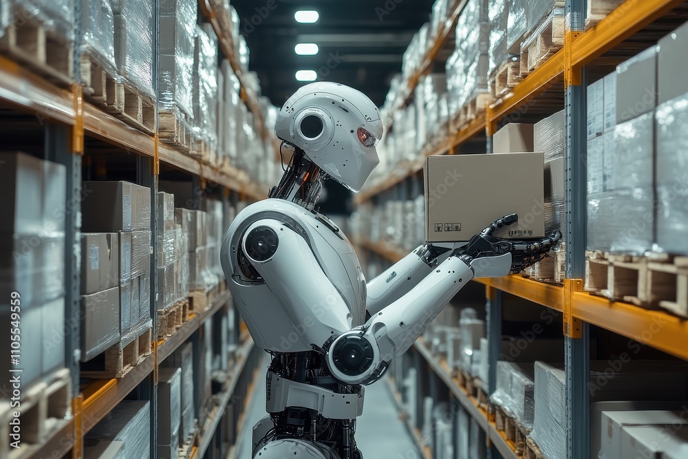 Futuristic Robot Organizing Packages in a Modern Warehouse with Advanced Technology and Automation Systems Futuristic Robot Organizing Packages in a Modern Warehouse with Advanced Technology and Automation Systems
