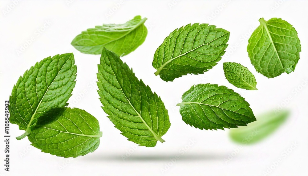 Flying mint leaves isolated on white background