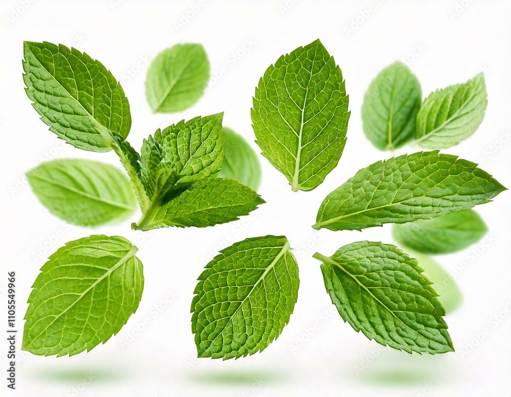 Flying mint leaves isolated on white background Flying mint leaves isolated on white background