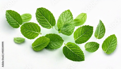 Flying mint leaves isolated on white background